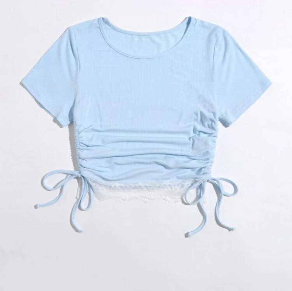 Lace trim drawstring tiw crop top